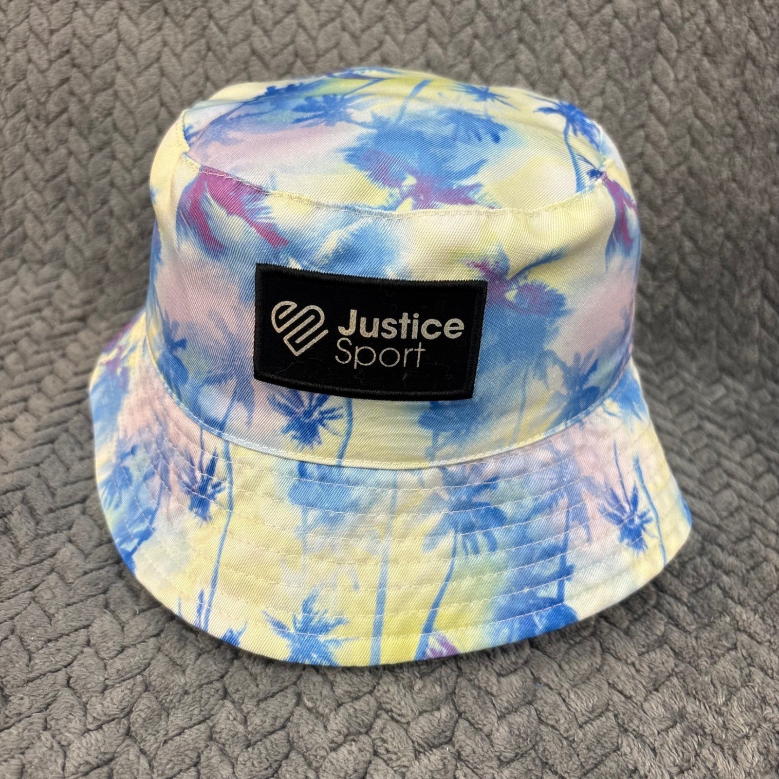 Justice Sport Girls Tropical Palm Tree Print Bucket Hat Blue Yellow Purple