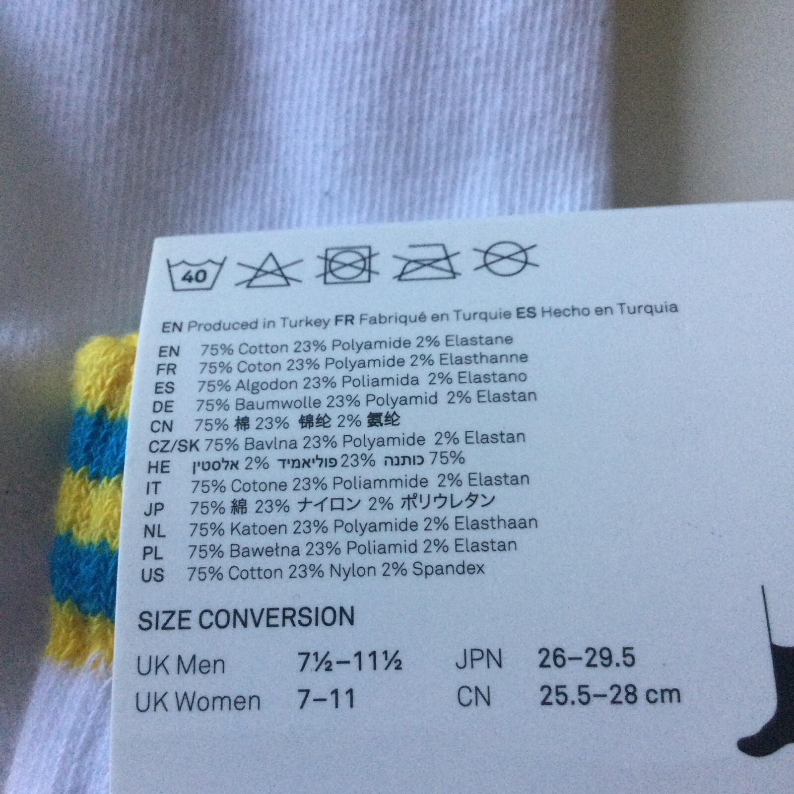 HAPPY SOCKS COLOR CUFF MENS SNEAKER CREW SOCKS WHITE WITH MULTI M/L NWT