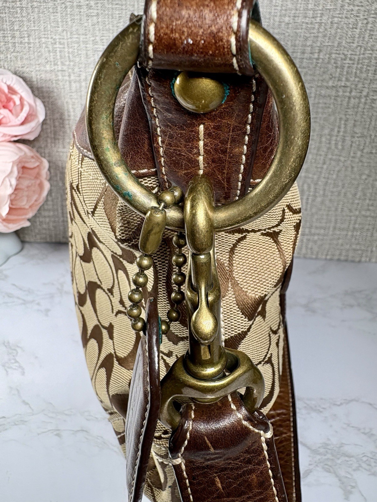 Coach Signature Logo Canvas Beige/Brown Crescent Shoulder Bag Zip Gold Hardware