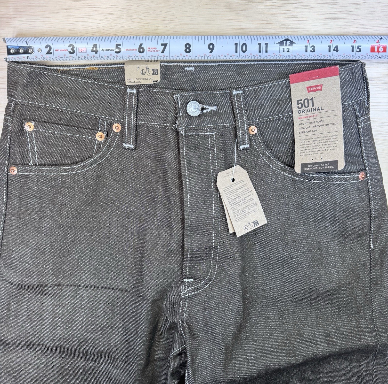 Levi’s 501 Original Shrink-to-fit Brown Button Fly Raw Denim, 30×30 NWT Men’s