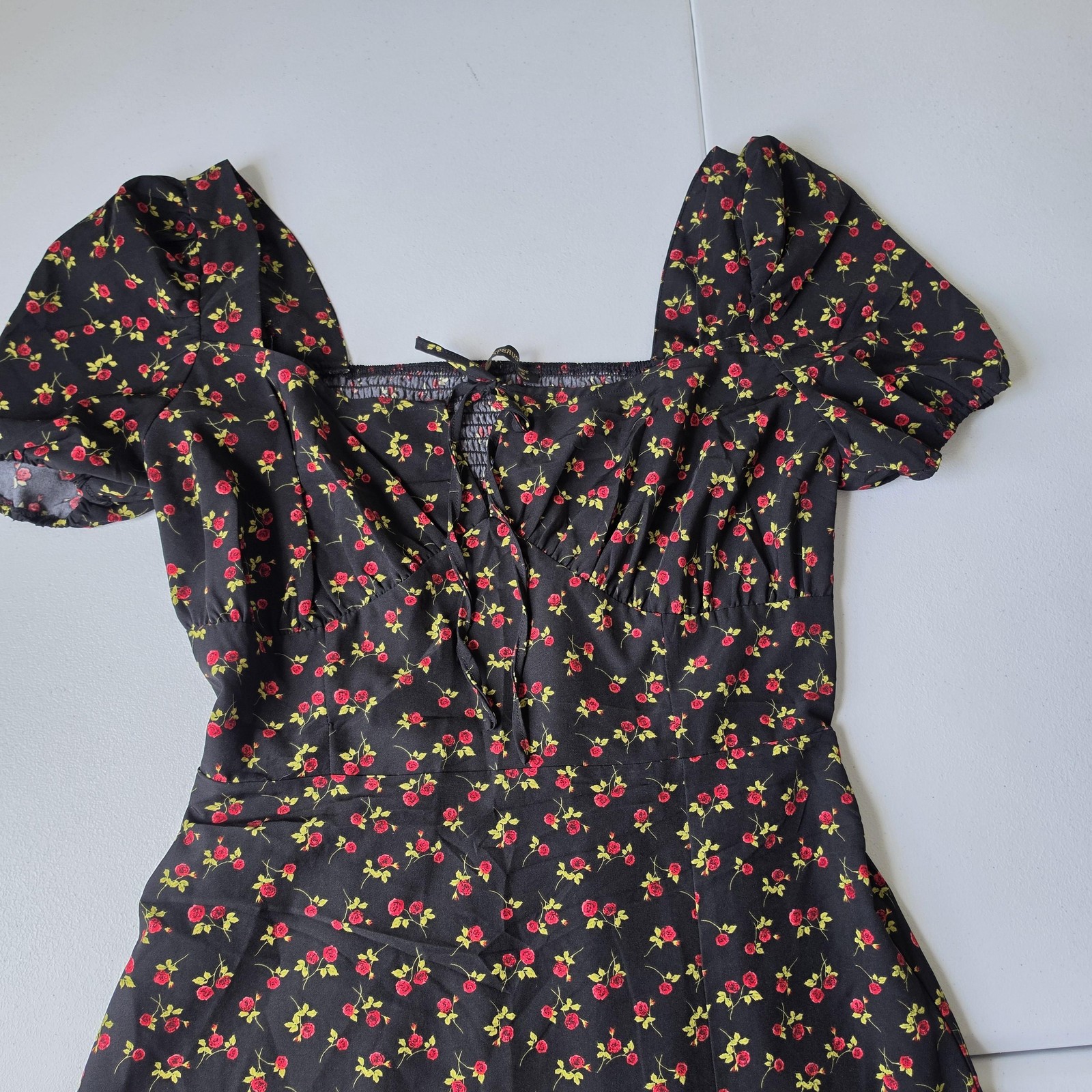 Whimsigoth Dark Romantic Dress Womens Large Black Floral Sweetheart Puff Sleeve