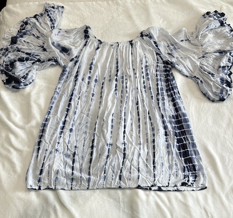 Altar’d State Women’s Blue White Tie-Dye Off Shoulder Puff Sleeve Blouse Size L