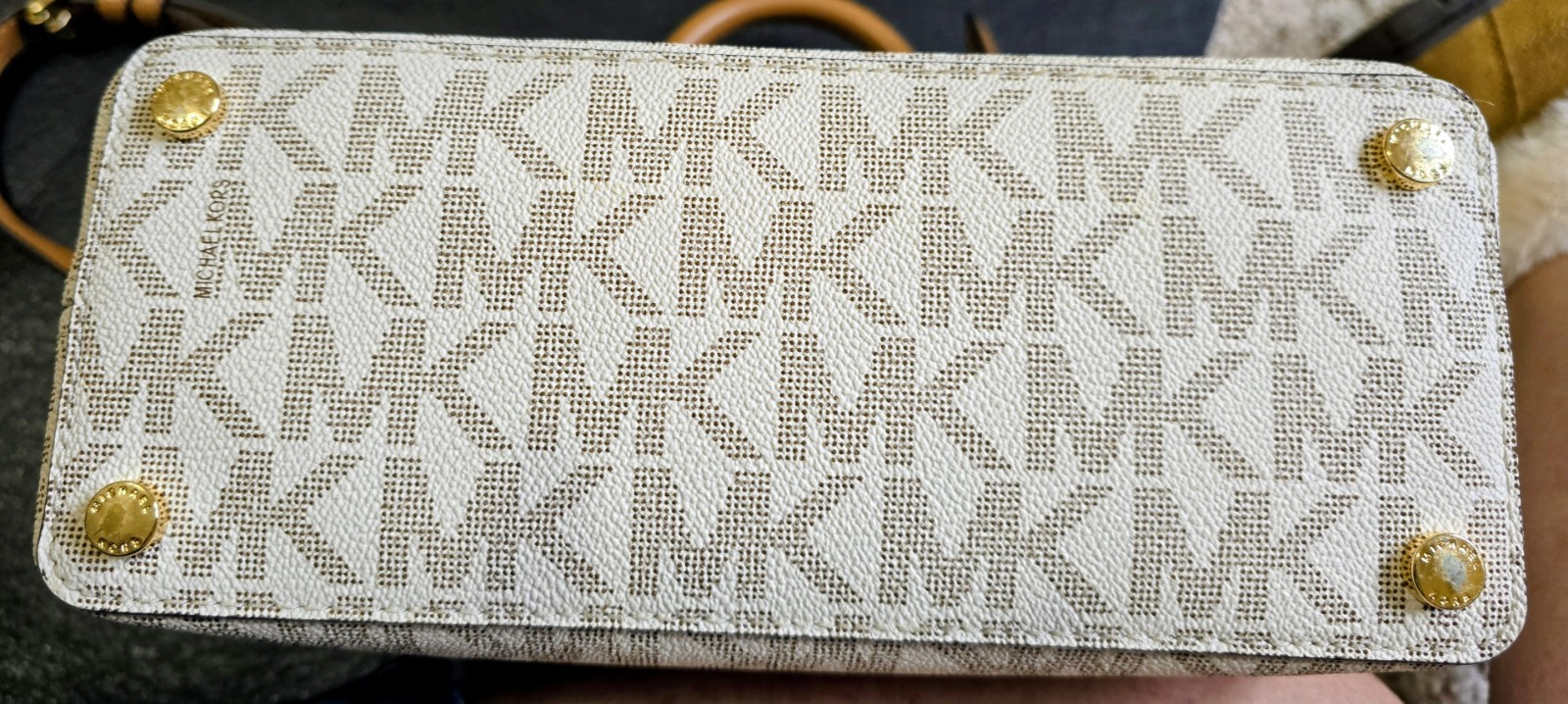 Michael Kors Monogram Small Satchel Top Handle Zip Detachable Strap Gold