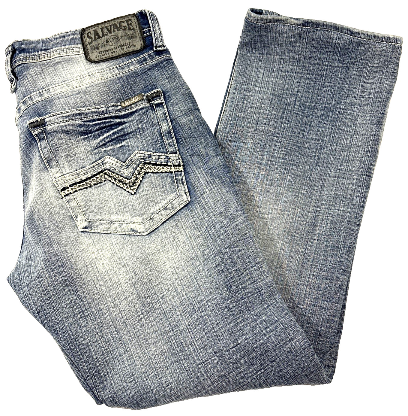 Salvage Buckle Mayhem Jeans Mens 33R Straight Fit Light Wash Whiskered Denim EUC