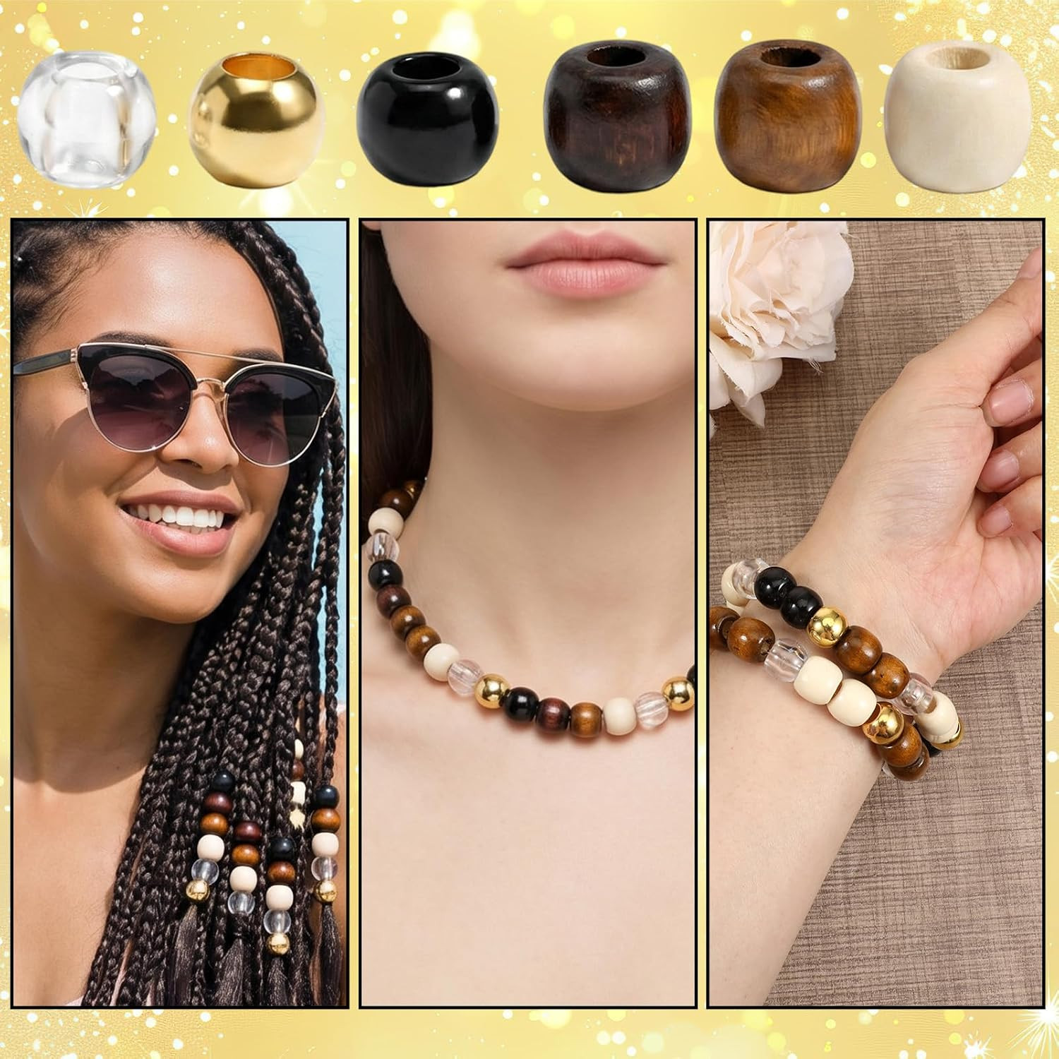 60 Pcs Hair Beads for Braid, Acrylic Wood African Hair Dreadlock Beads, Cute Hai