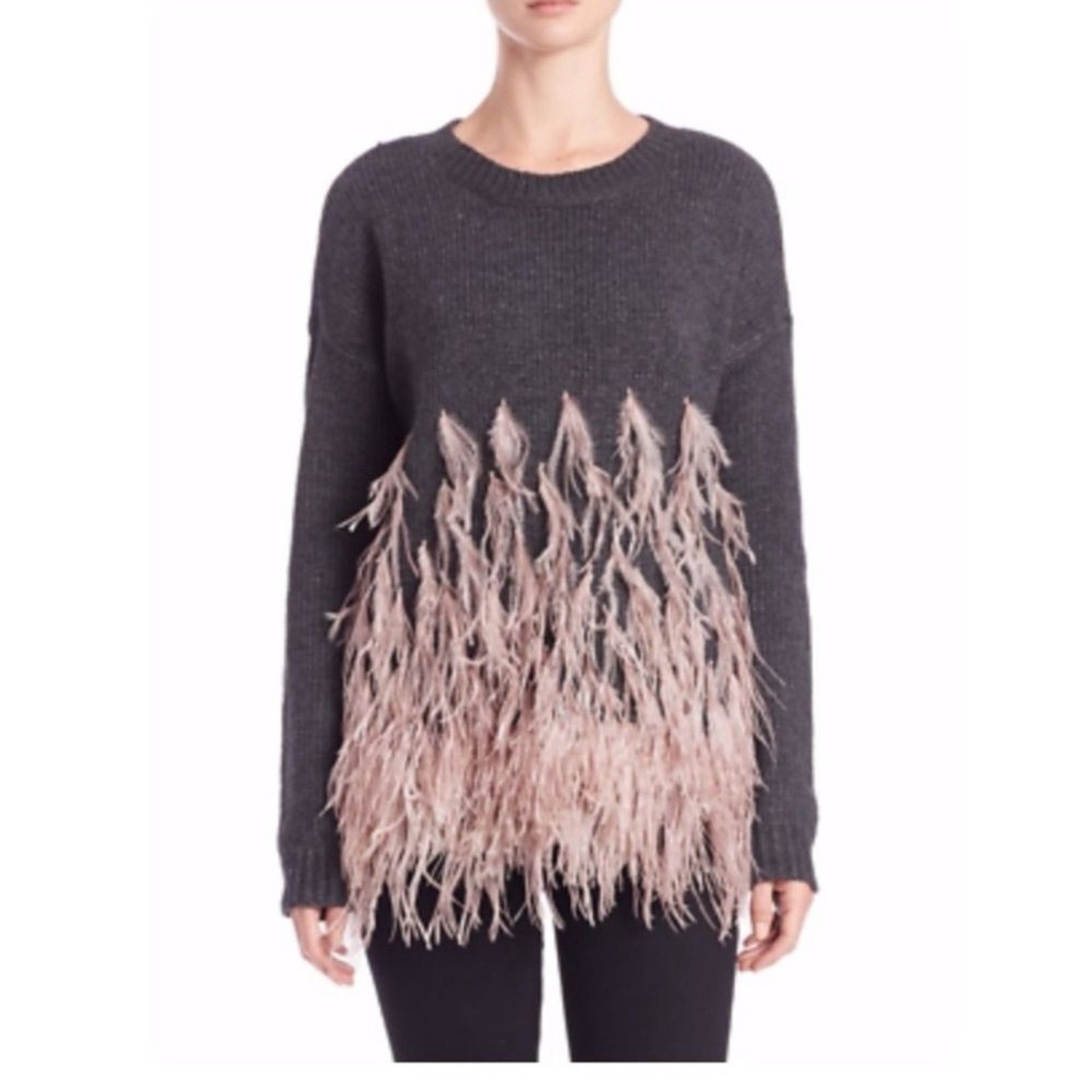 ELIZABETH AND JAMES Grey with Pink Ostrich Feather Trim Sweater size medium