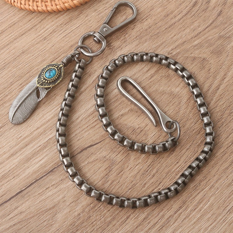 Vintage 21″ Biker Wallet Key Chain Jean Waist Chain with Feather Charm
