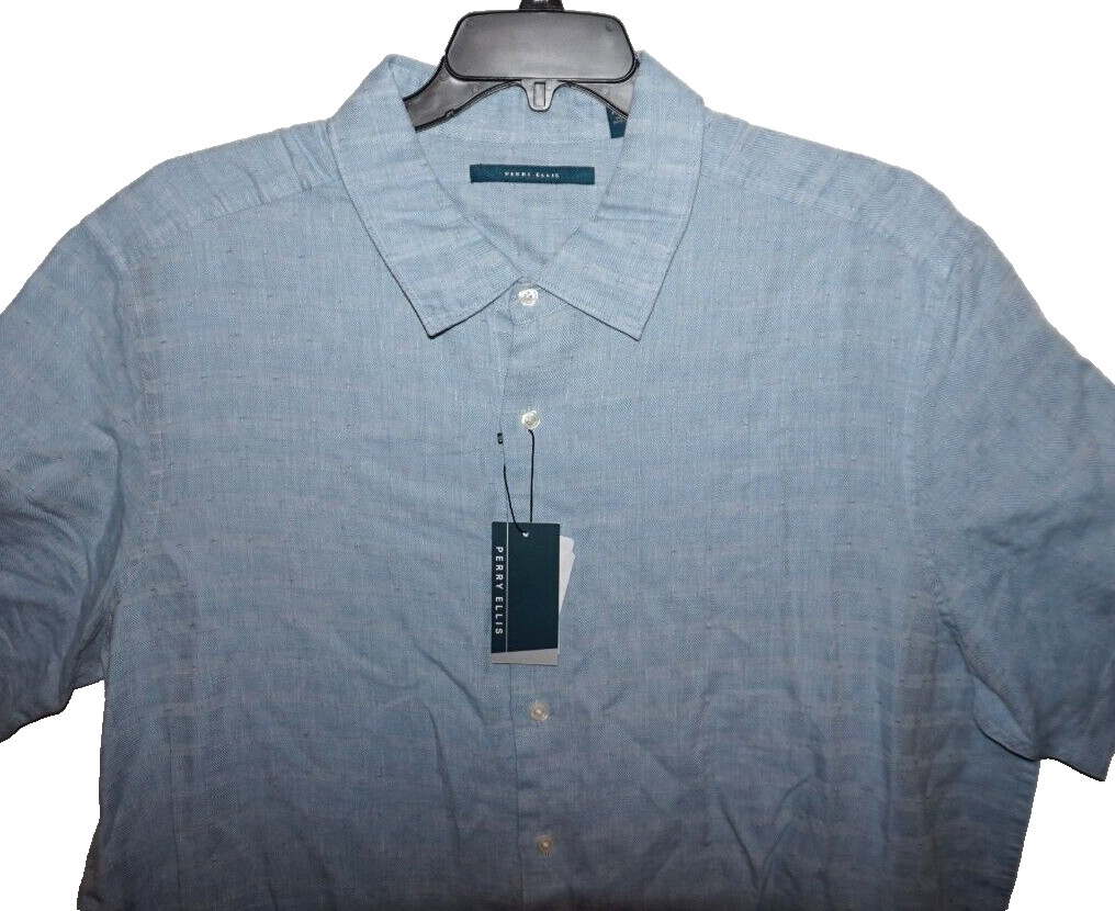 Perry Ellis Mens Short Sleeve Linen Shirt BIG 2X Allure Blue Geo Check NWT