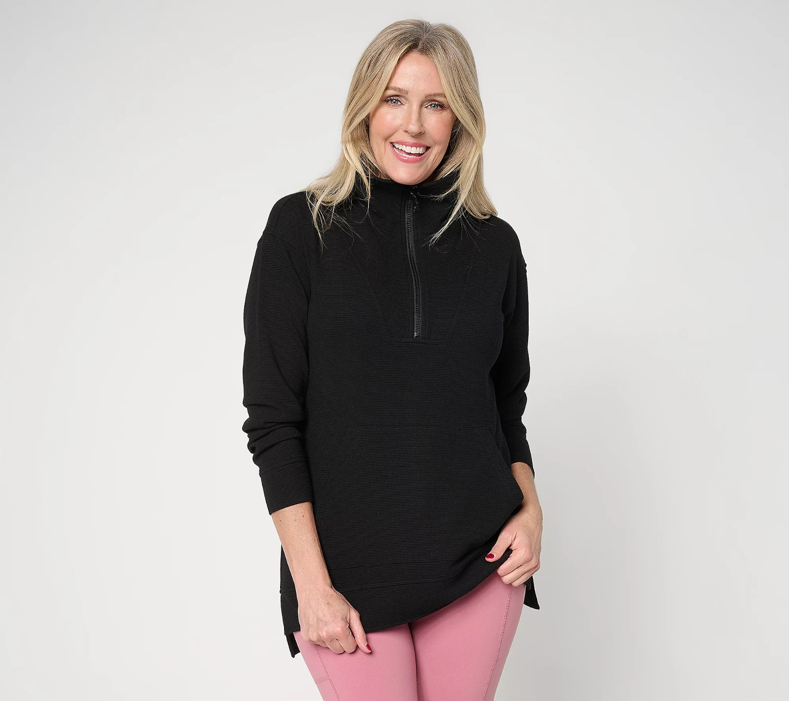 Belle Body by Kim Gravel Ottoman Rib Half Zip Top Black Size M