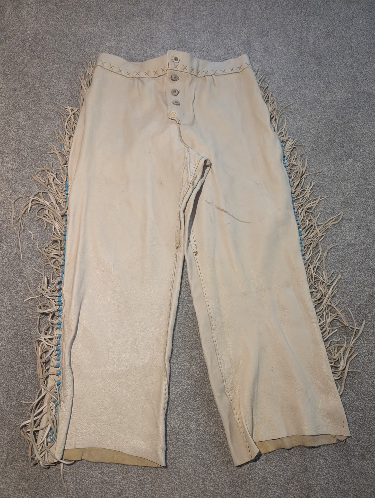 Vintage Western Pants Mens 37×29 Buckskin Leather Fringe Beaded Cowboy