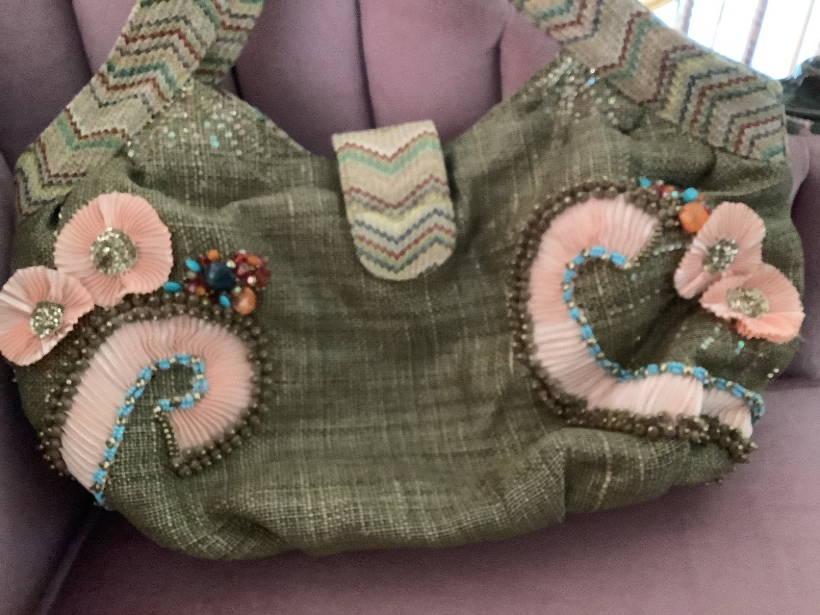 Mary Frances handbag. Unique with stones, beads and large buckle snap closure.