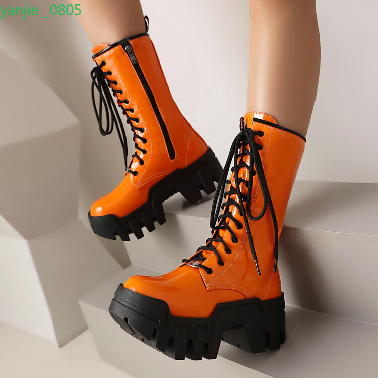 Gothic Women’s Faux Leather Platform Mid Calf Boots Lace Up Shoes Zip Block Heel