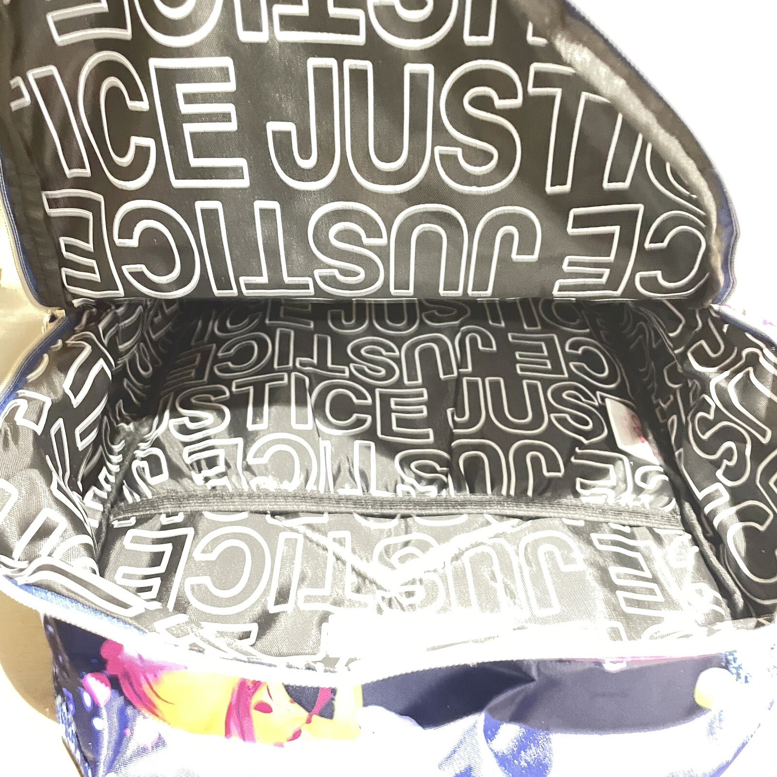 Justice Colorful Backpack School Bag Blue Silver splash Paint mesh pockets NWT