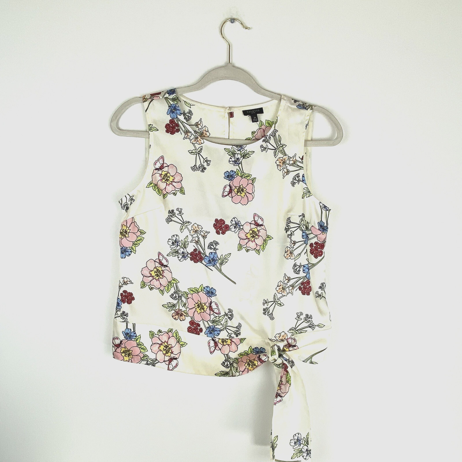Talbots Womens 2 Petite 2P Blouse Sleeveless Floral tie Knot Hem Ivory Pink Blue