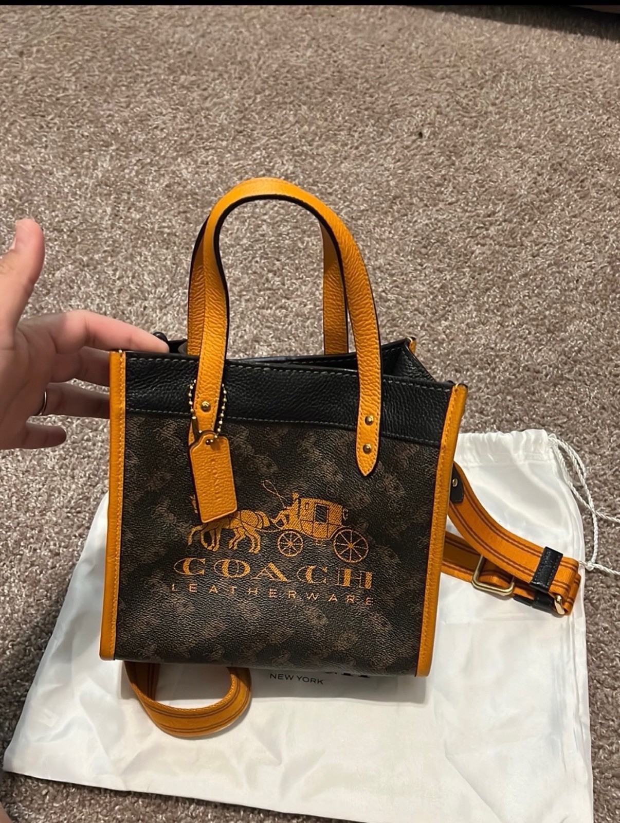 Coach Small Tote Bag Brown/Black/Orange w Detachable Strap Dust Bag Snap