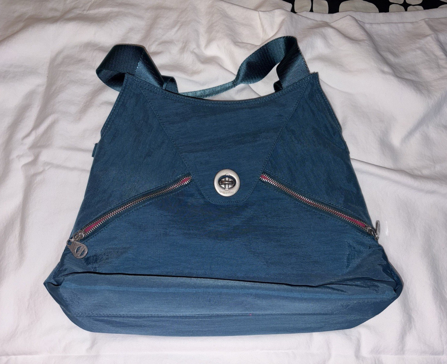 Blue Solid Tote Bag Double Handles Zip Closure Inner Pockets Silver Hardware