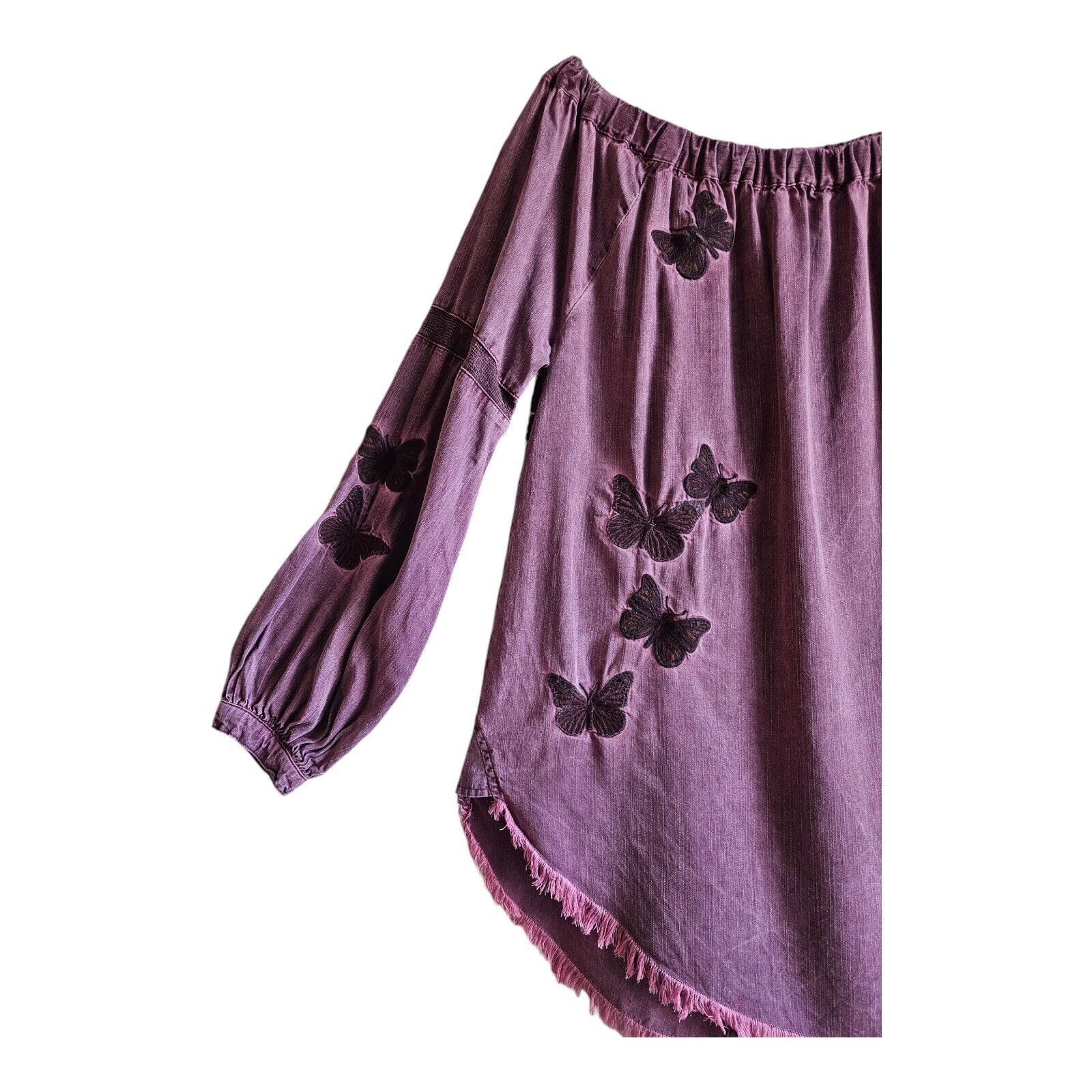 STANDARD GRACE M Boho Blouse On Off Shoulder Embroidered Frayed Hem Tencel 38″