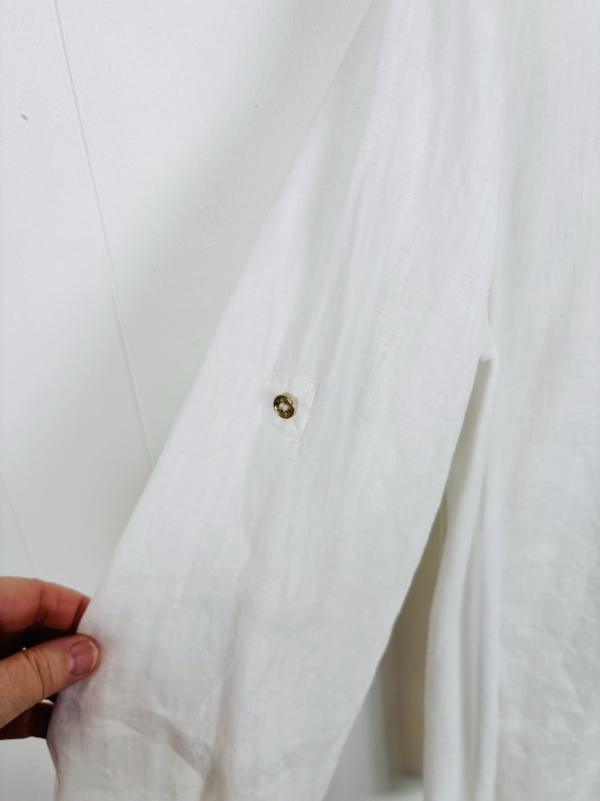 Calvin Klein Women XL White Linen Button Down Blouse Shirt Roll Tab Sleeve