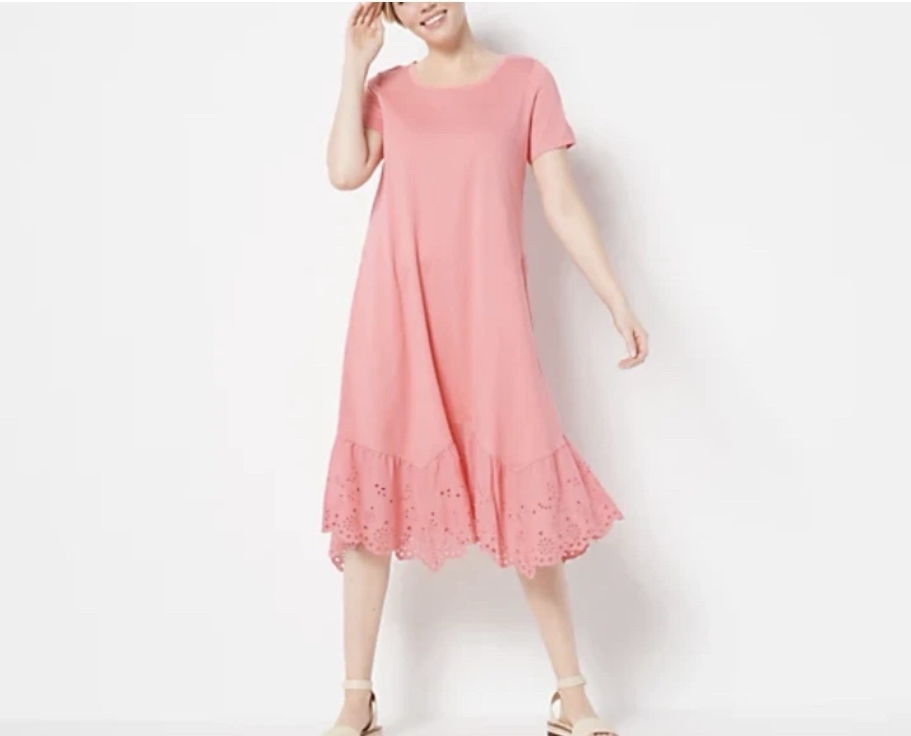 LOGO by Lori Goldstein Cotton Modal Dress Lace Eyelet Hem Size Medium Coral