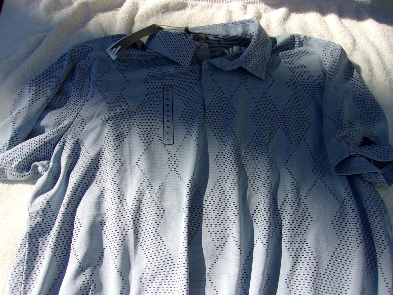NWT Adidas golf polo, men’s XL, XXL, blue – gray, pattern, polyester, $70