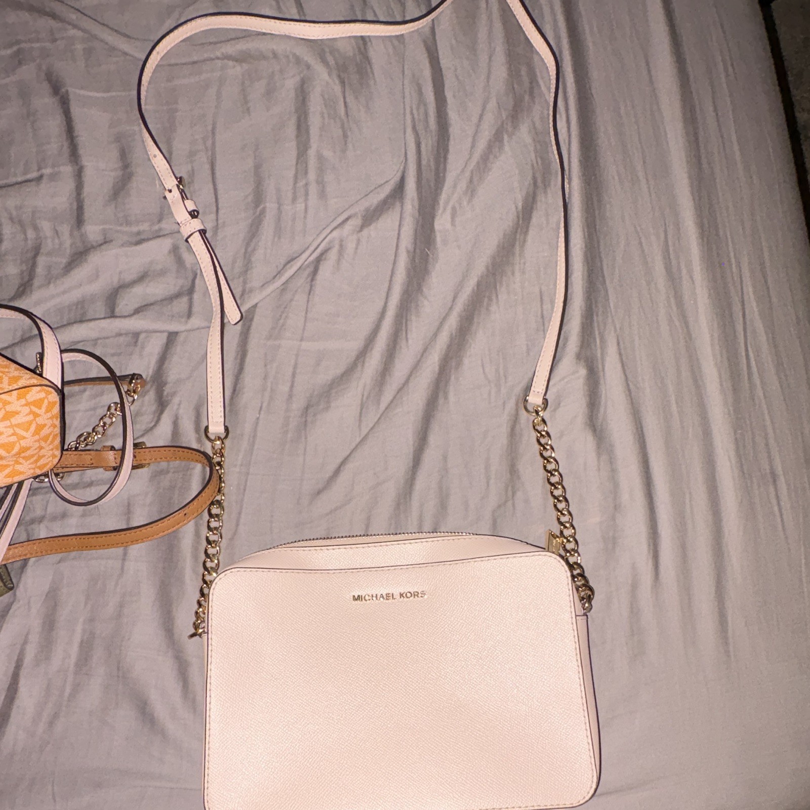 Michael Kors Pink Crossbody Bag Gold Chain Logo Zip Detachable Strap Pockets