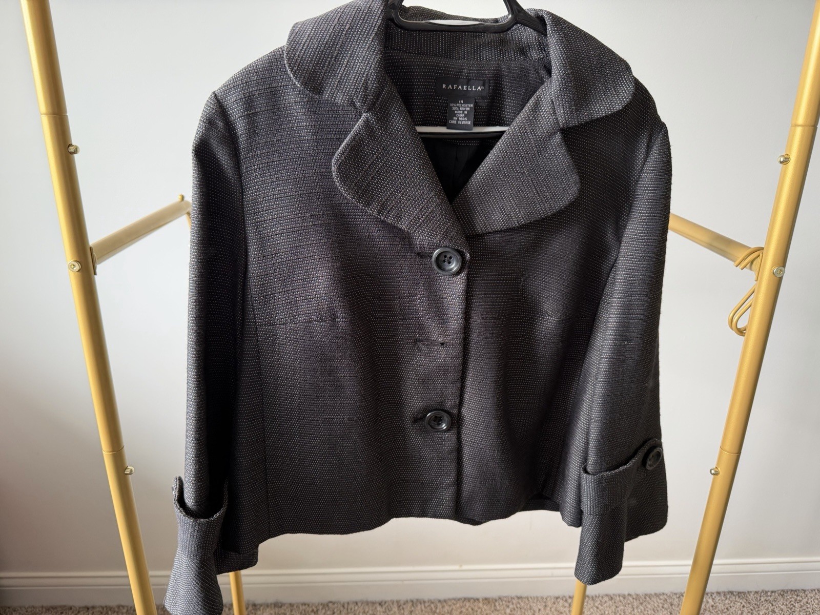 Rafaella Women’s Gray Button-Front Lined Collared Short Jacket Size 14