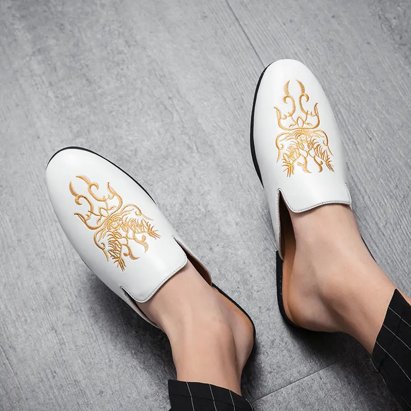 Embroidered Mules Men Round Toe Slip on Faux Leather Fashion Casual Shoes Ethnic