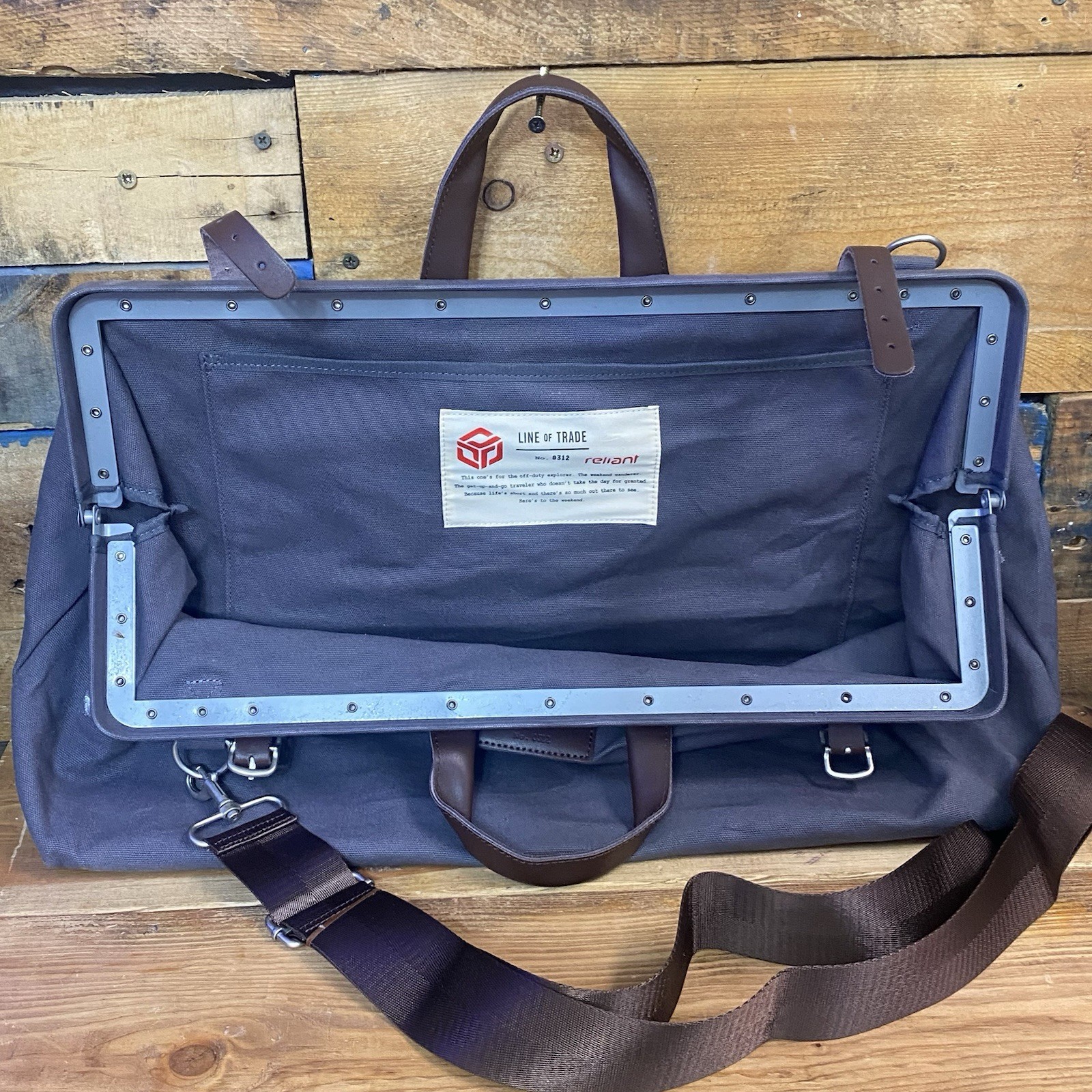 Line Of Trade Blue Weekender Bag 0312 Canvas Duffle Leather Trim Travel Tote 22”