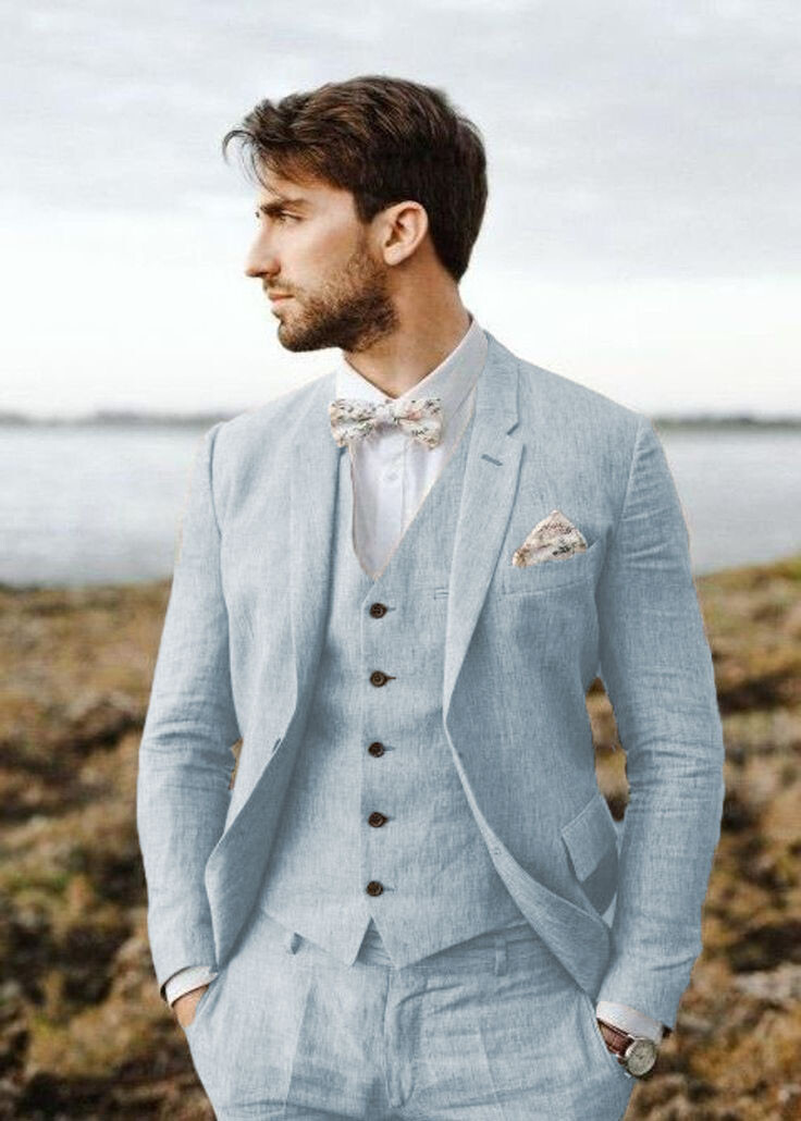 Men Multi Color Linen 3 Piece Suit Notch Lapel Summer Wedding Formal Outfit