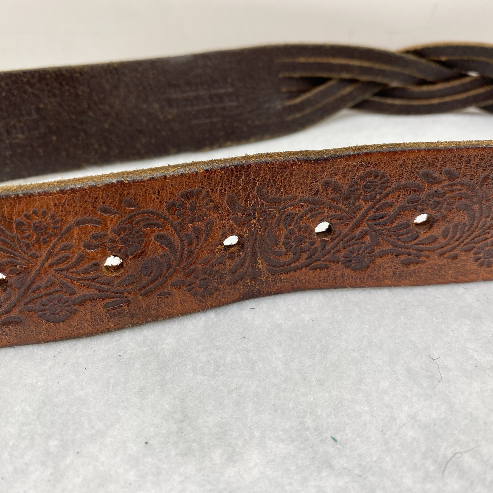 Leather Western Belt Braiding Tooling Detail ~ Brass Buckle Flowers ~40 Inches