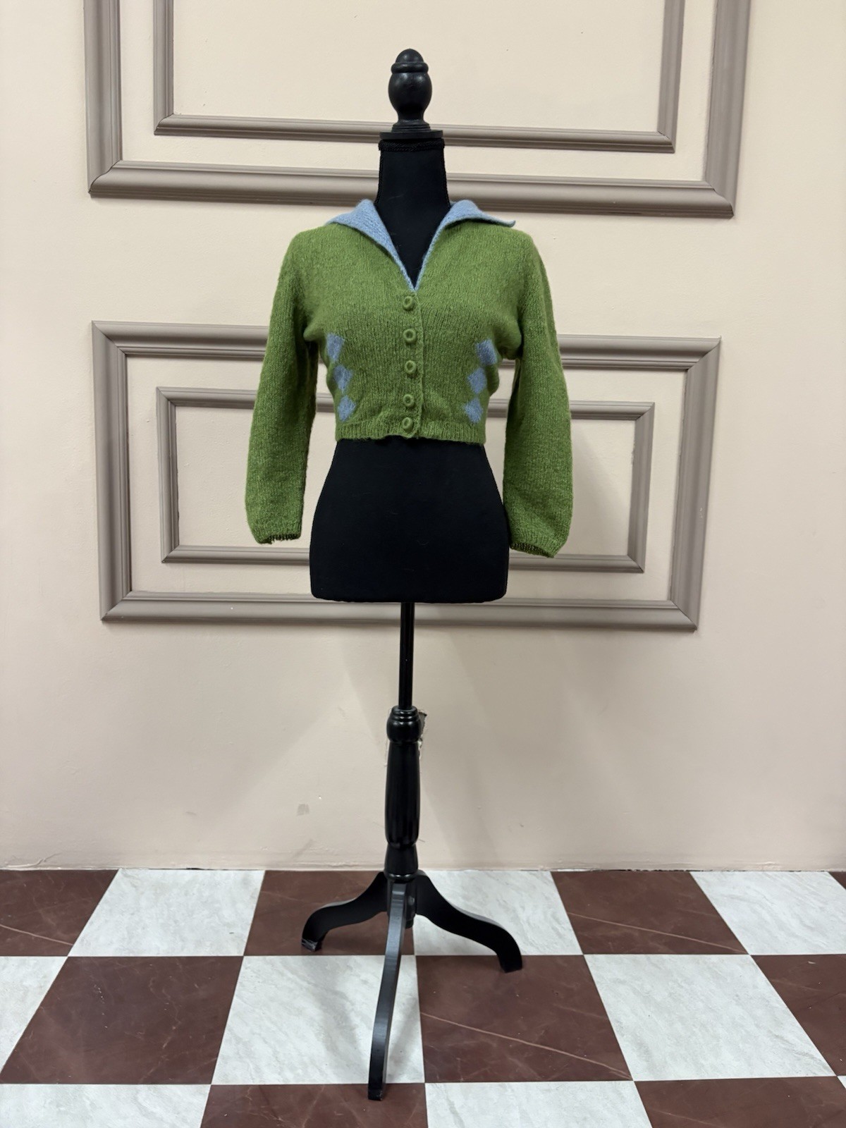 Vintage 50s 60s Bonnie Morse Wool Knit Argyle Cropped Collared Cardigan XS