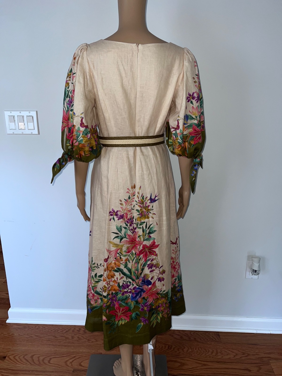 Zimmermann 100% Linen Floral Border Print Belted Midi Dress Size 2 US 8