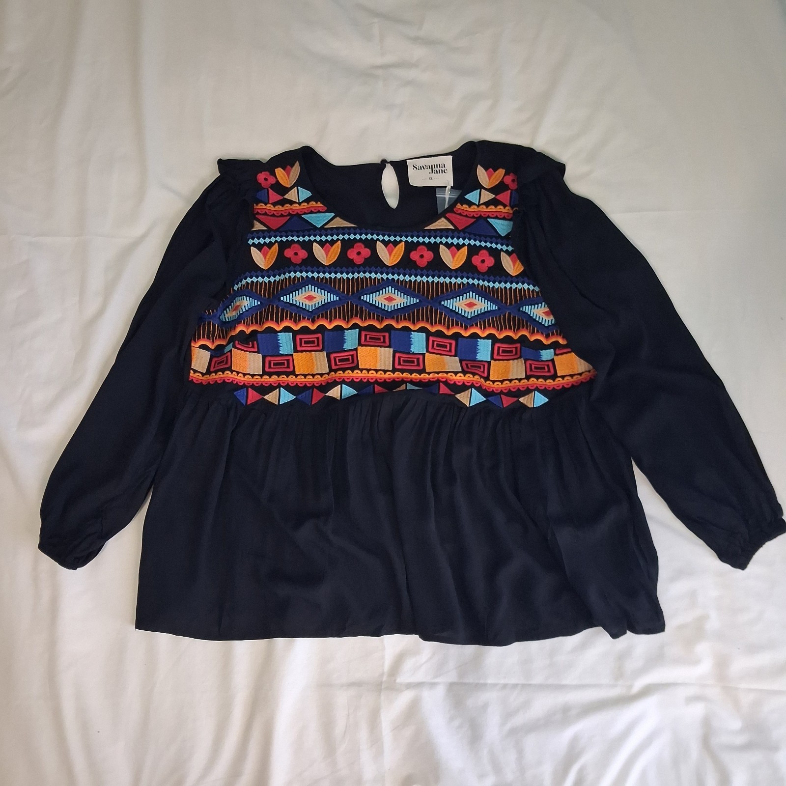 New Savanna Jane Womens Boho Embroidered Peasant Blouse Multi-Colored Flowy 1X