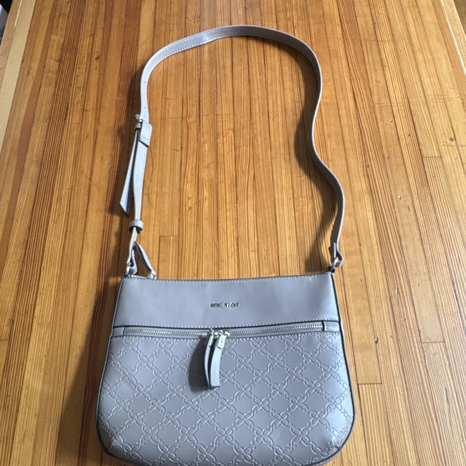 Nine West Gray Embossed Logo Shoulder Bag/Crossbody, Zip/Magnetic, Silver HW