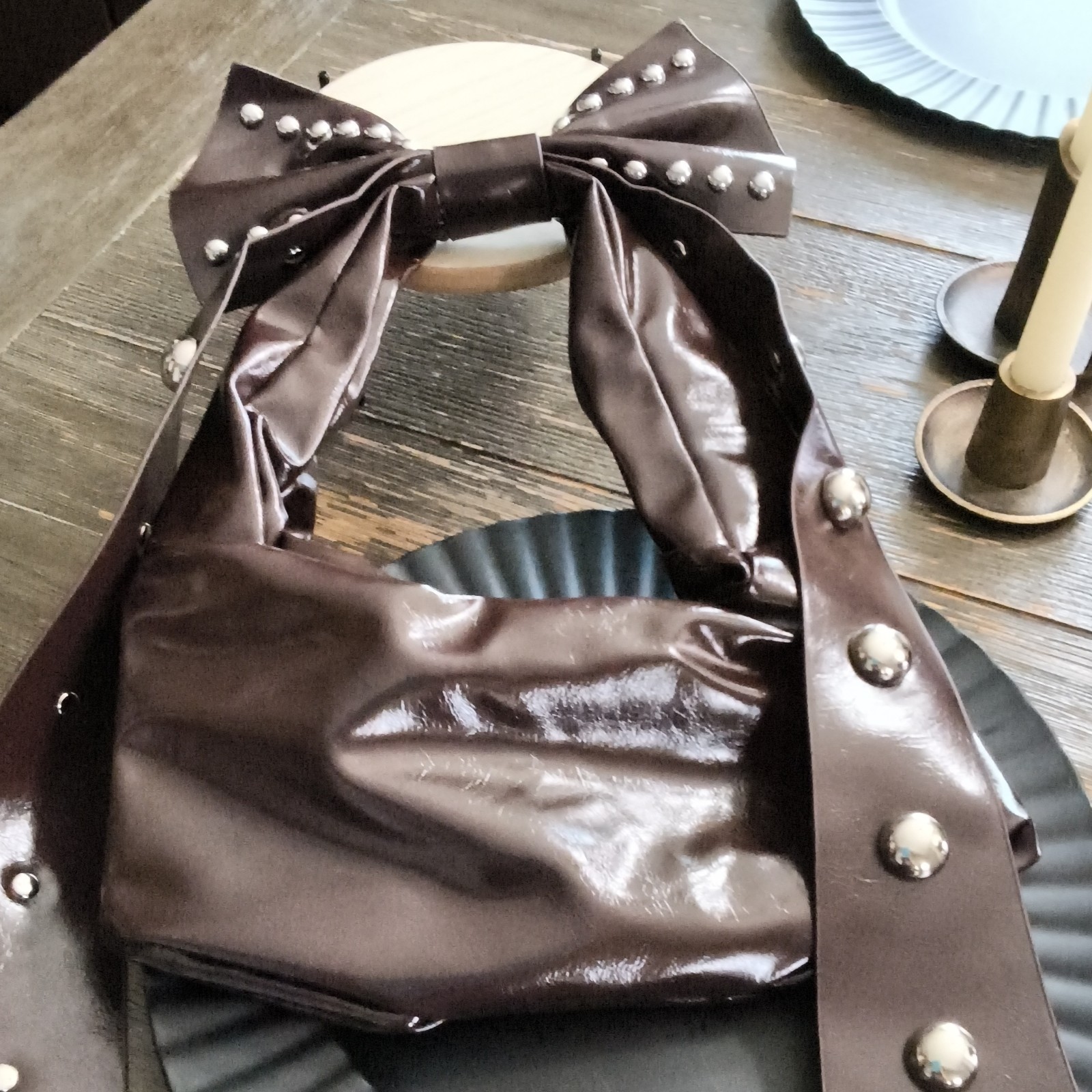 Brown Patent Shoulder Bag Studded Bow Accents Shoulder Strap Silver Hardware