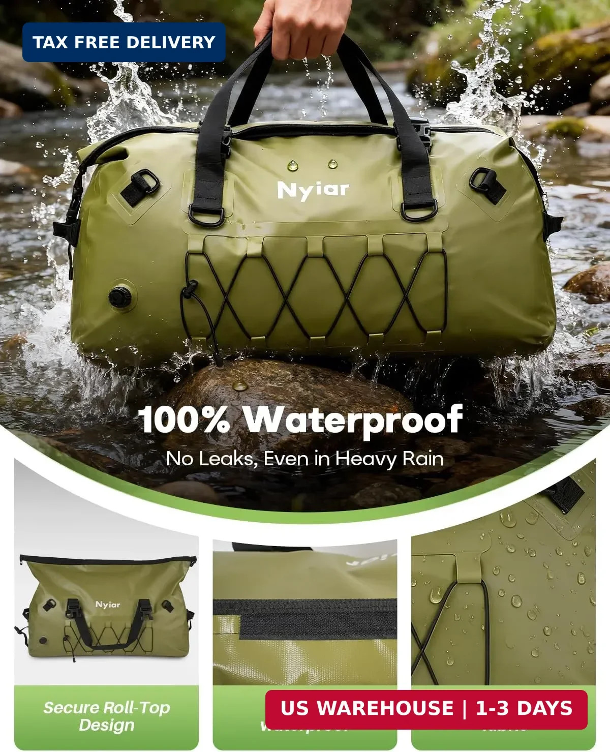 60L Waterproof Duffel Bag Motorcycle Dry Bag Backpack, Heavy-Duty Roll-Top Water