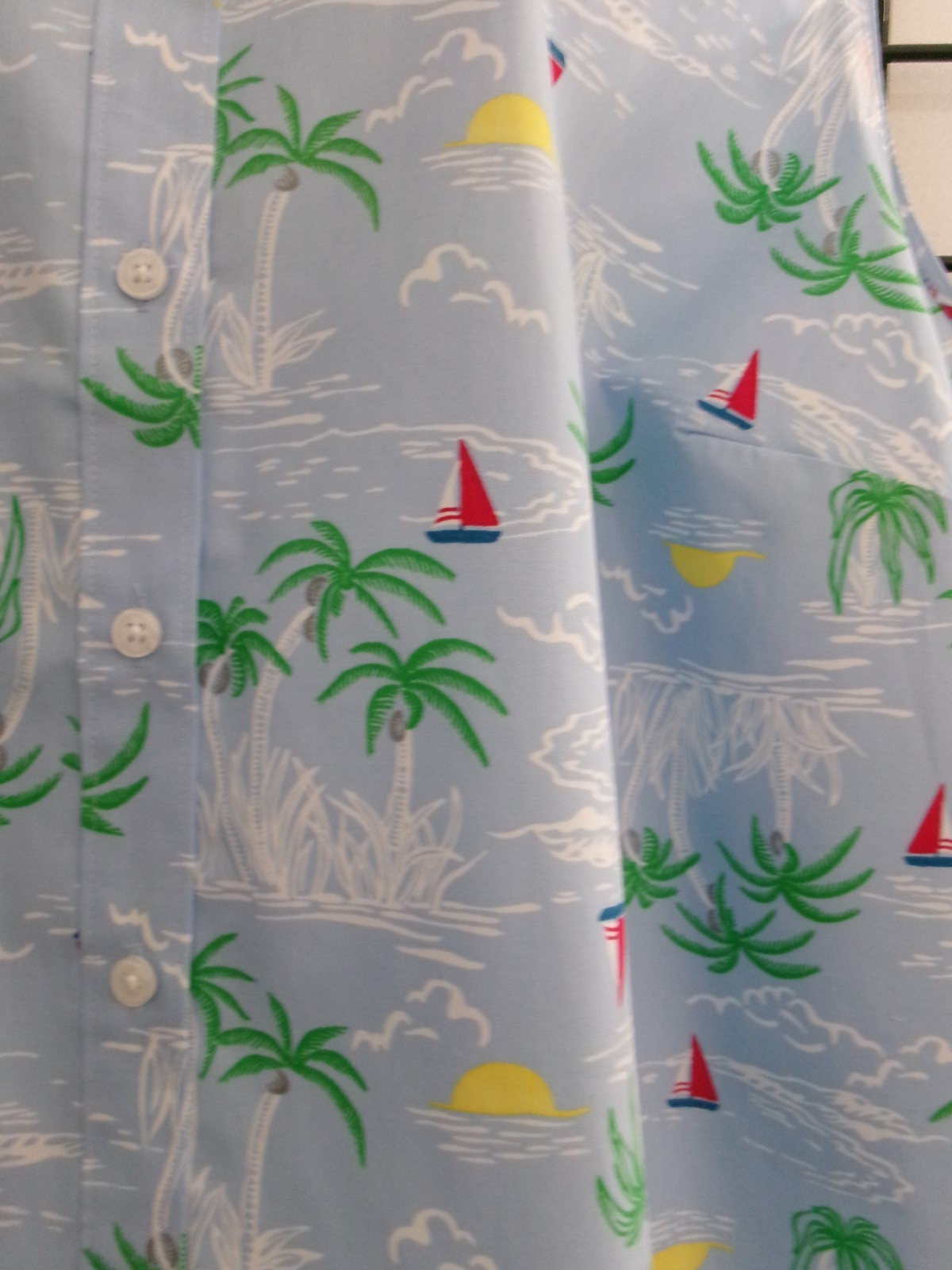 LANDS’ END 🌸SIZE 24 W / 53″ BUST==BLUE SAILBOAT, PALM PRINT / SLEEVELESS BLOUSE