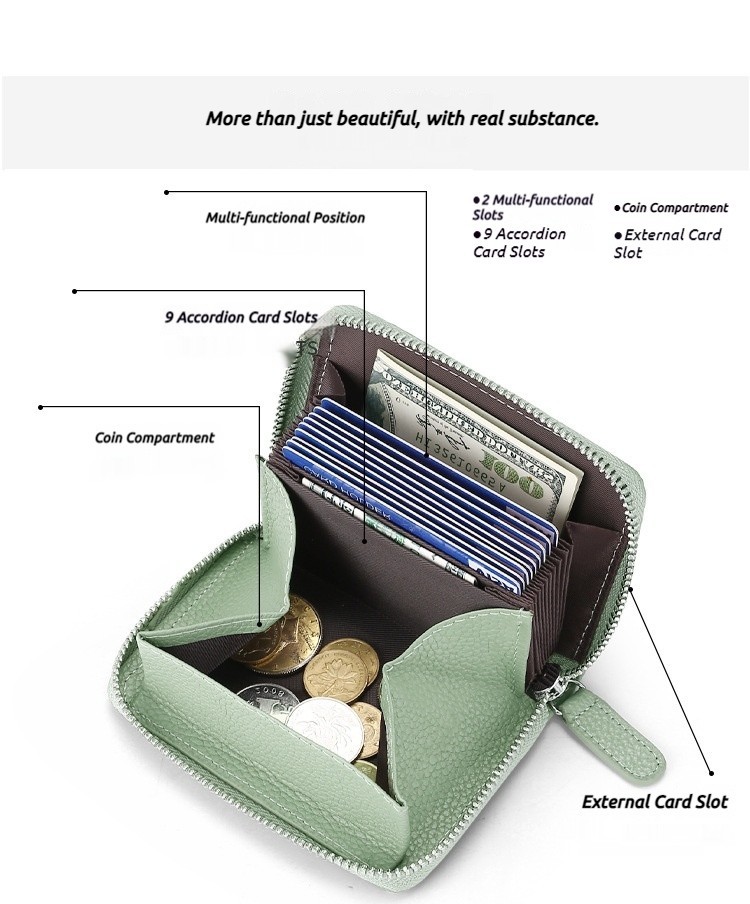Accordion Style Leather Card Holder RFID Anti-Theft Card Case Coin Change Purse