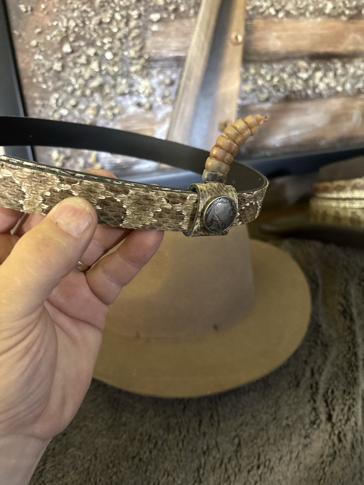 Rattlesnake Hat Band With Rattle 7/8” Wide.