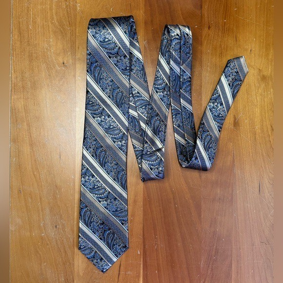 Pronto Uomo Mens Silk Tie Blue Gold Silver Paisley Striped Woven Necktie