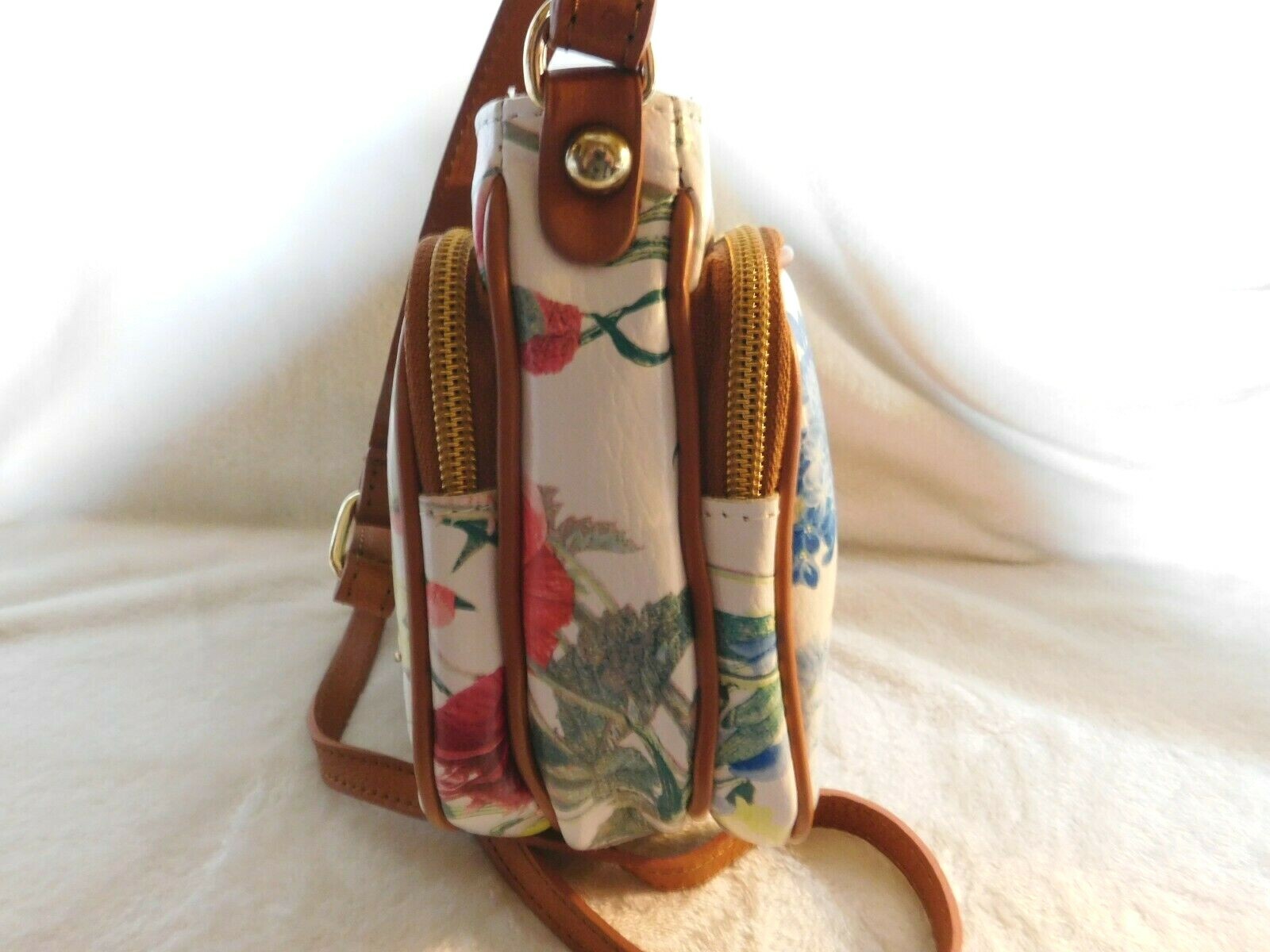Valentina Italian Multi Entry Crossbody White + Floral Cognac Trim NWT #1