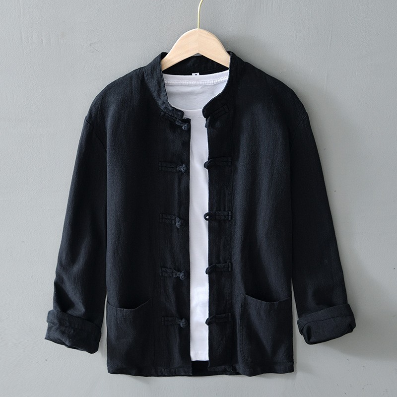 Men’s Chinese style buckle long sleeved casual breathable stand up collar retro