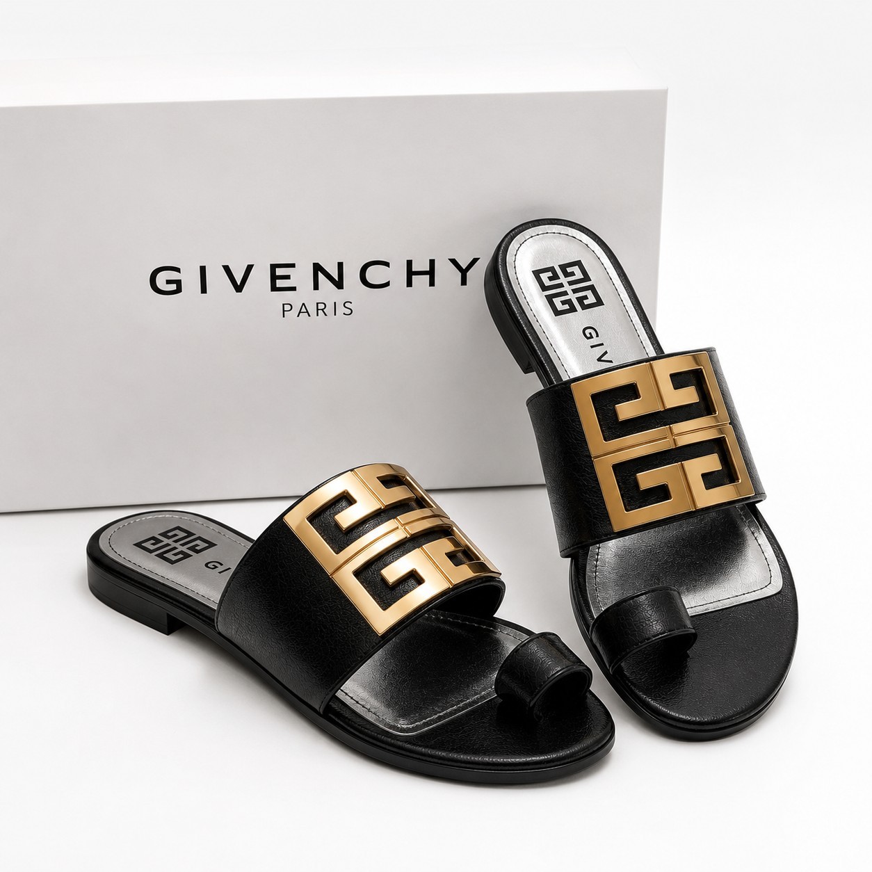 Givenchy 4G Logo Sandals Black Leather Gold Tone Hardware Women’s EU 38