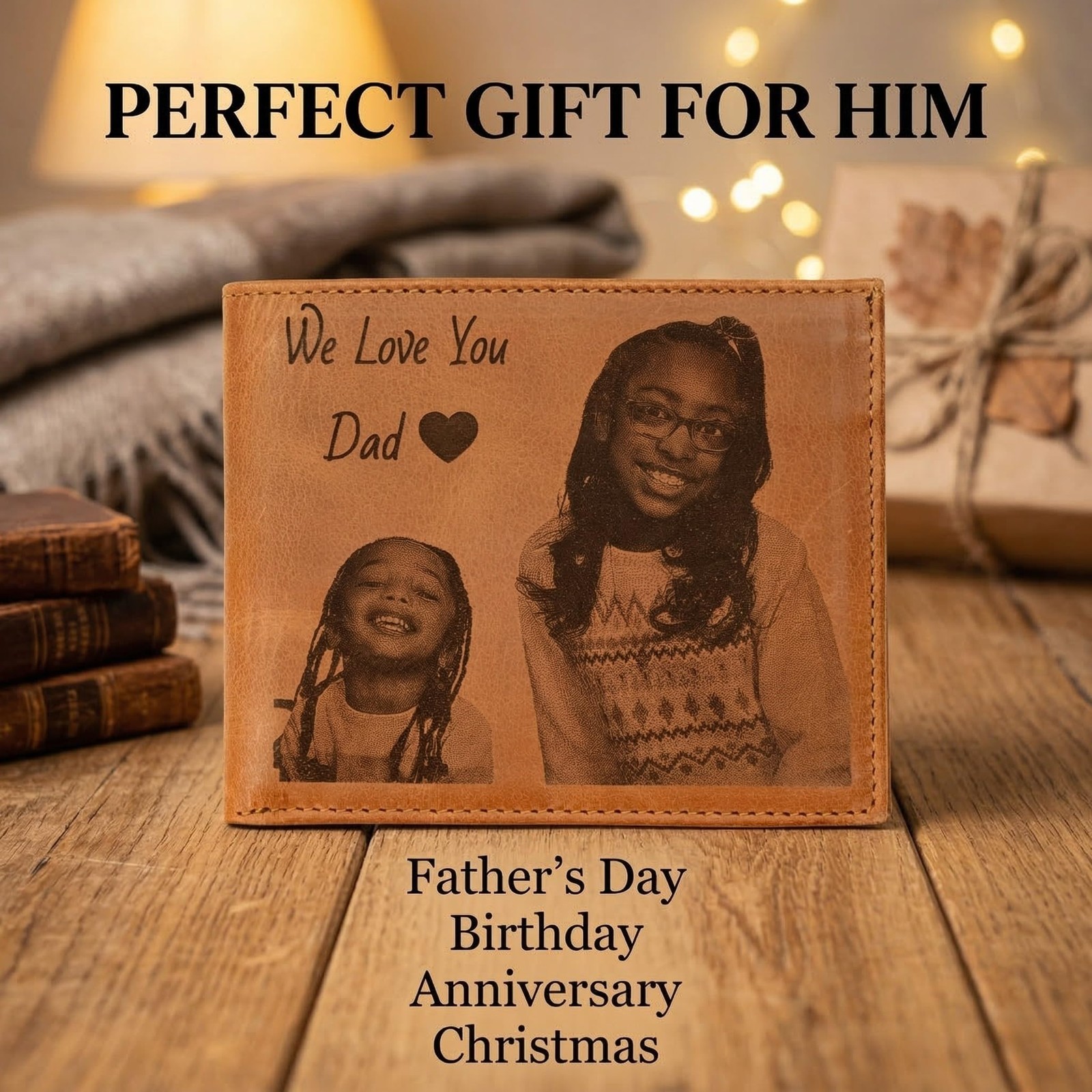 Personalized Wallet for Men Engraved with Photo – 3.5 x 4.3 inches, Brown