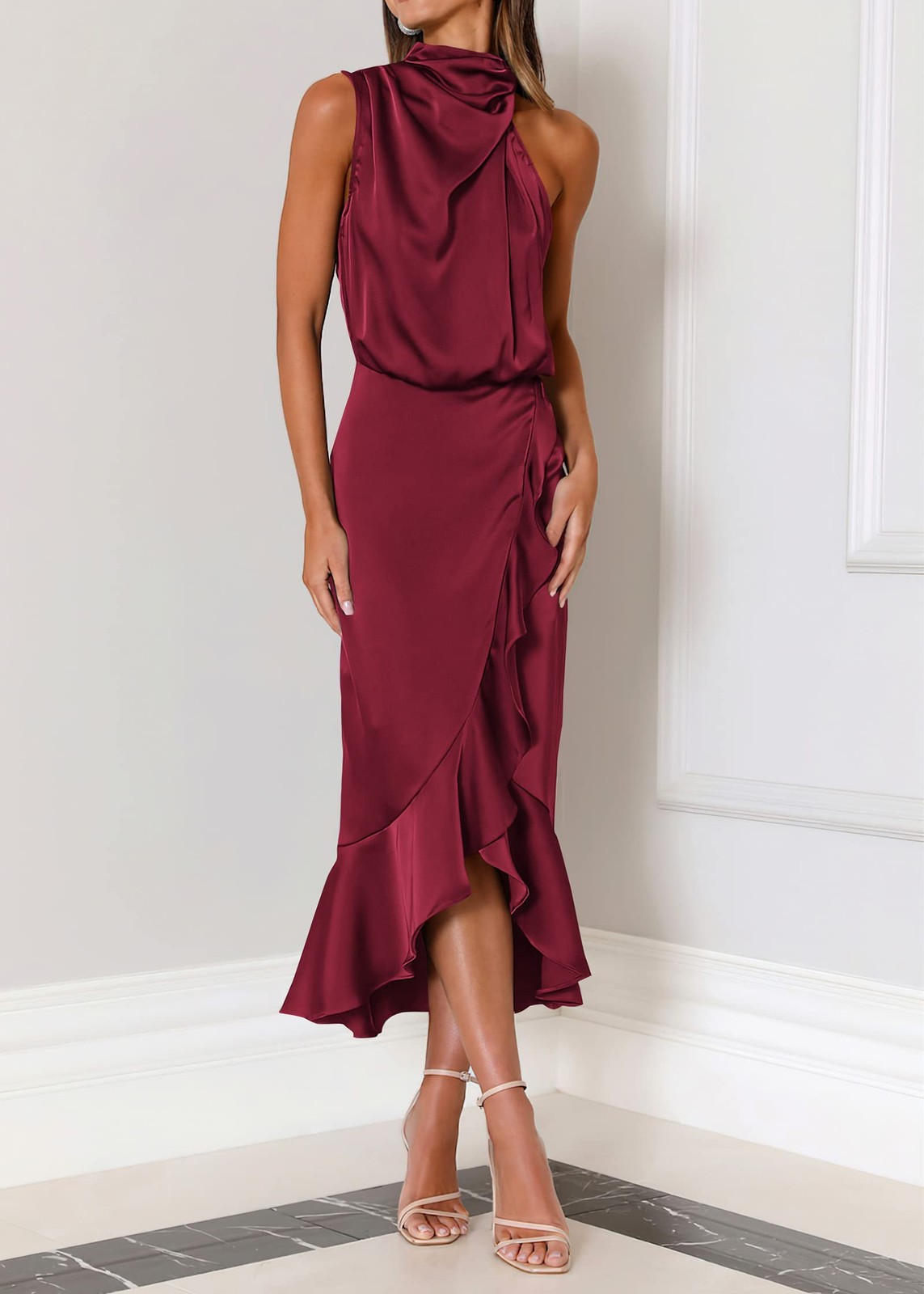 KIRUNDO Women Satin Mock Neck Midi Dress Small Wine Red Ruffle Hem 2026 SMALL