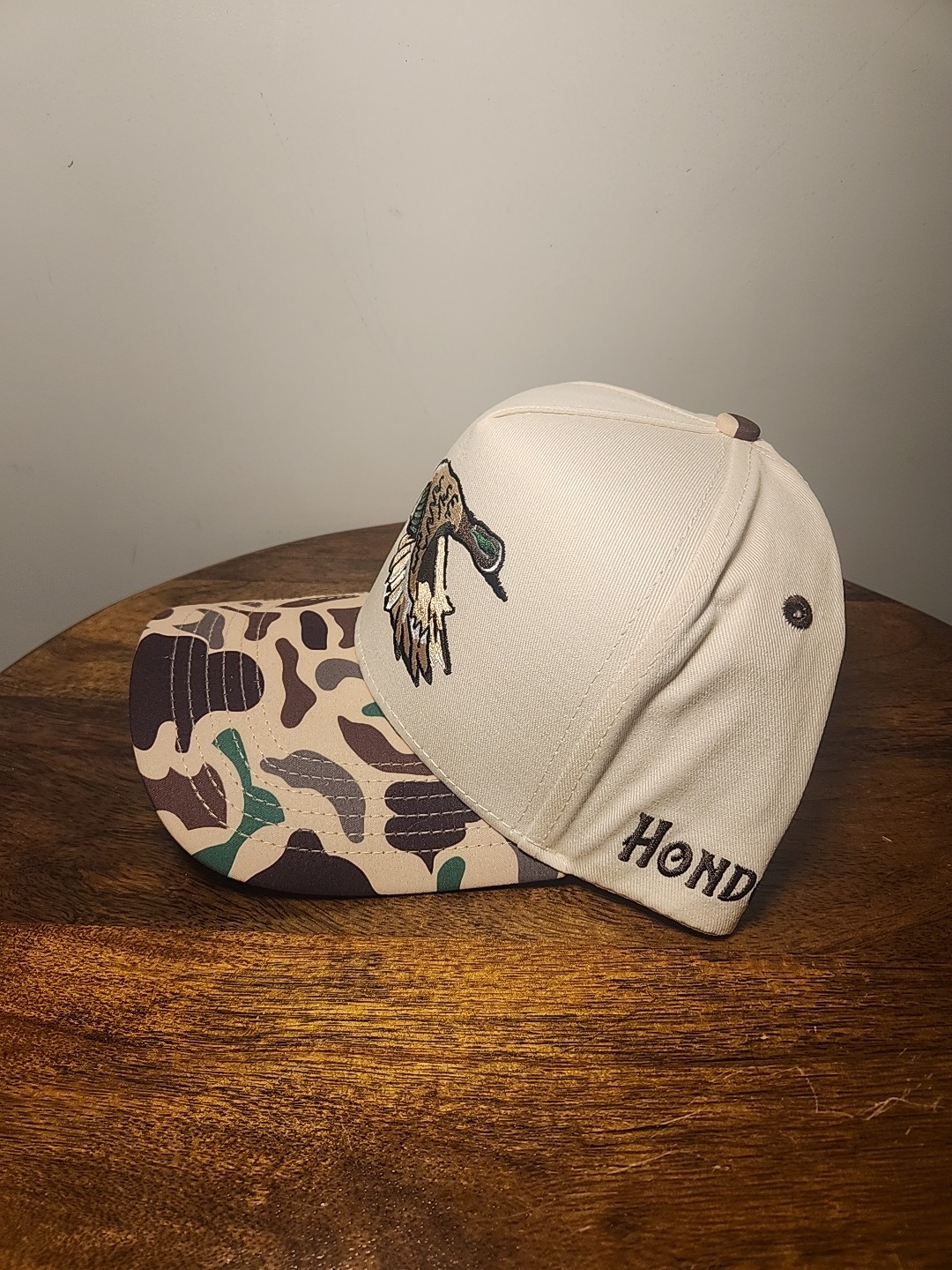 Hondo Mallard Duck Embroidered Snapback Hat Cream Camo Brim Mens Adjustable Cap