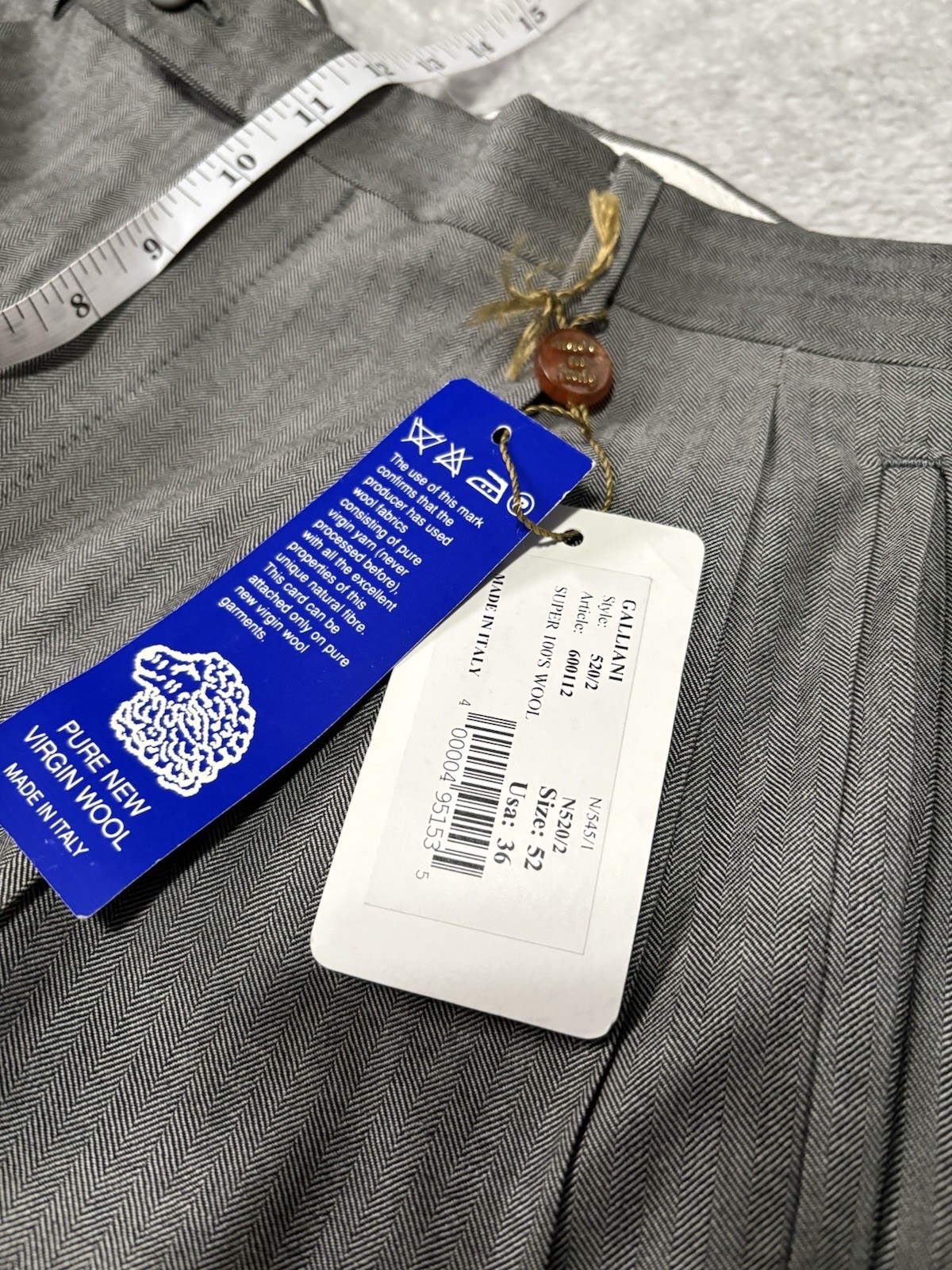 New Galliani Gray Wool Pleated Dress Pants Size 36 Italy Herringbone Unhemmed