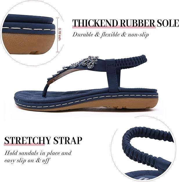Women’s Boho Rhinestone Flat Thong Sandals Navy Blue Dressy Beach Flip Flop Mule