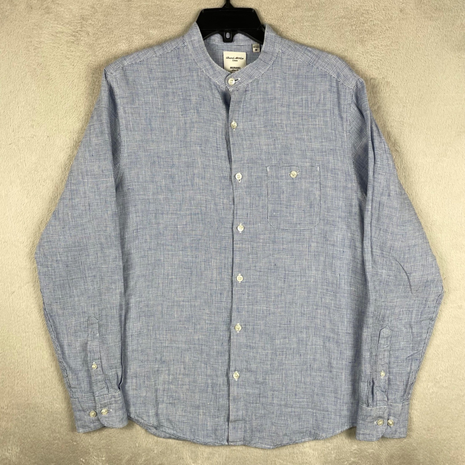 Murano Baird Mcnutt Shirt MensMedium Slim Fit Blue Linen Houndstooth Band Collar