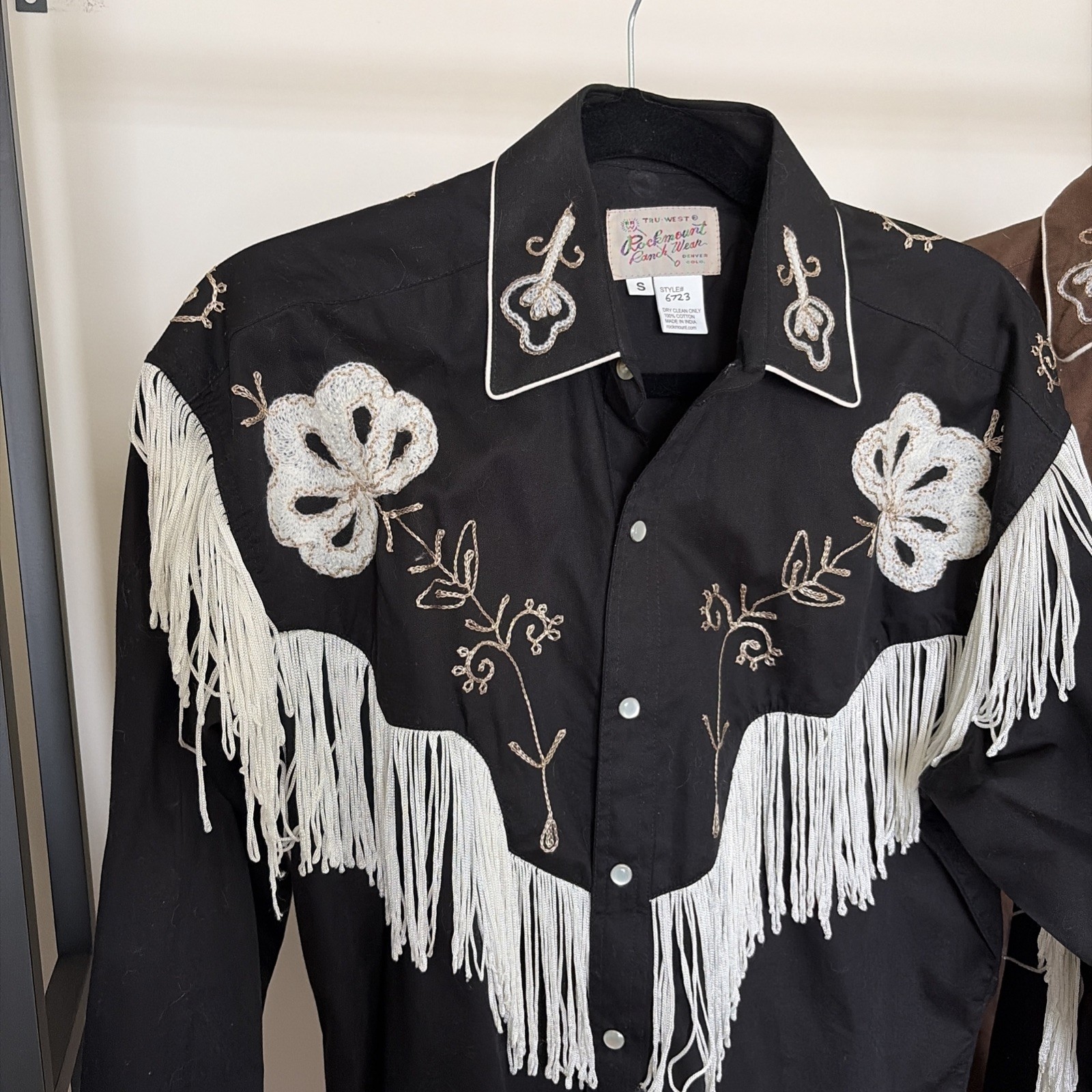 2 Tru-West Rockmount Ranch Wear Brown Black Long Sleeve Snap Fringed Mens Small